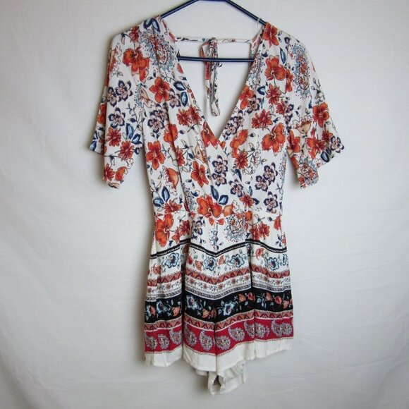 Francesca's Blue Rain Red Floral V Neck Romper XXS NEW - Picture 1 of 8